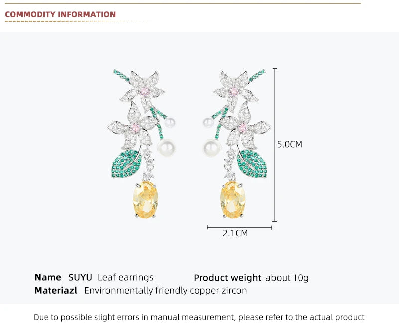 SUYU New Holiday Style Long Vintage Flower Earrings Female Leaf Yellowcrystal Forest Earrings Pi-Mart