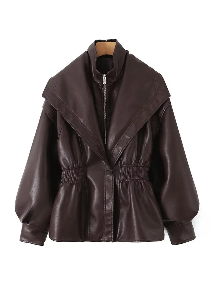 Ailegogo New Spring Autumn Women Vintage Loose Elastic Waist Zipper Black Faux Leather Jacket Outwear LadyShow.Store