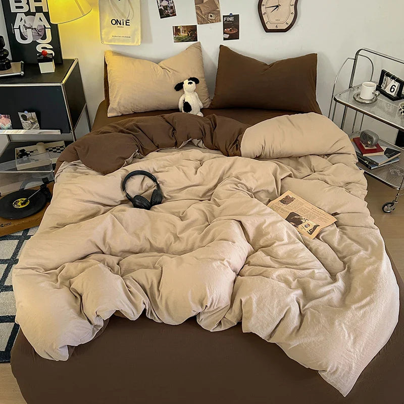 Washed Cotton Bedding Set with Pillowcase bed sheet Single Full Size Bed Linen Duvet Cover Set Queen/King Double Single Bed LadyShow.Store