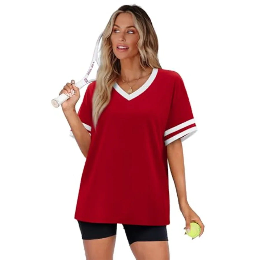 Womens T Shirts Loose Fit Short Sleeve Tees V Neck Color Block Summer Tops 26 Fashion S4XL LadyShow.Store