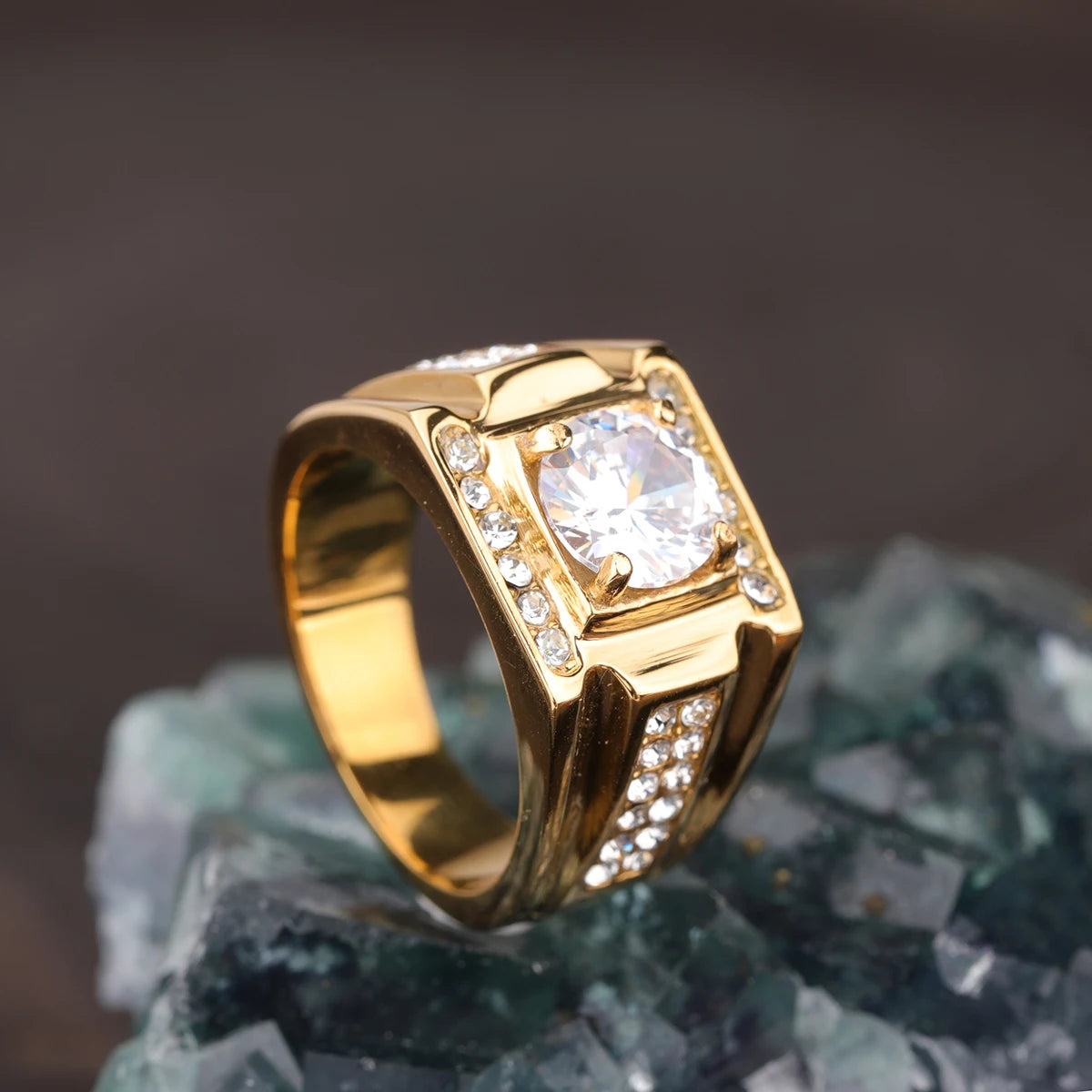 Keisha Lena AAAAA Zircon Men Ring Stainless Steel 18K Gold Plated Engagement Rings For Man Jewelry Waterproof Allergy-Resistant Pi-Mart