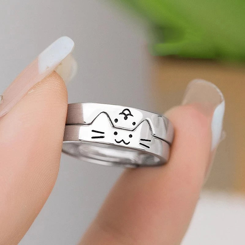 2pcs Simple Design Cute Cat Dog Animal Adjustable Couple Ring for Women Men Cartoon Fashion Couple  Friends Rings Jewelry Gifts Pi-Mart