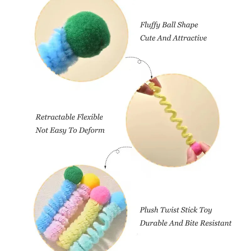 Interactive Cat Toy Spring Twist Stick Plush Ball Bite Resistant Teeth Grinding Plushie for Kittens Entertainment Boredom Relief Pi-Mart