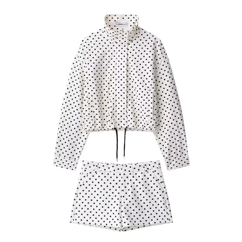 HH Fashion Women's Polka Dot Print Short Coats Autumn Long Sleeves Turtleneck Zipper With Pockets Drawstring Casual Jacket LadyShow.Store