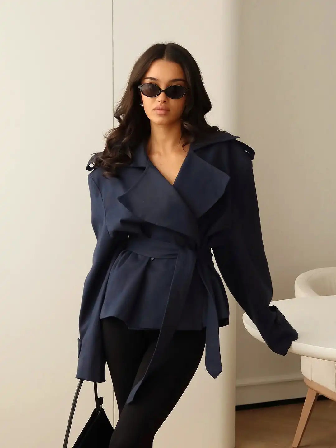 Fashion Women Lace Up Cropped Trench Coat 2026 Lapel Long Sleeves Wide Shoulder Windbreaker Jacket Lady Spring Commuting Outwear LadyShow.Store