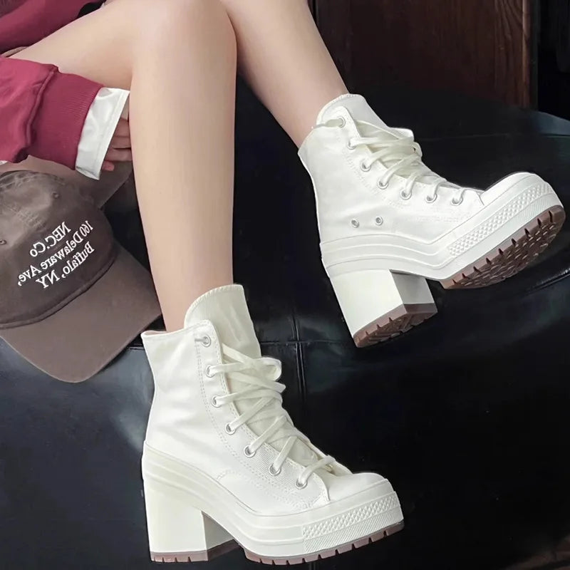 Women Platform Sneakers Canvas Shoes Personalized Luxry Heels Skateboard Lace Up Casual Fashion Outdoor Sneakers Pi-Mart