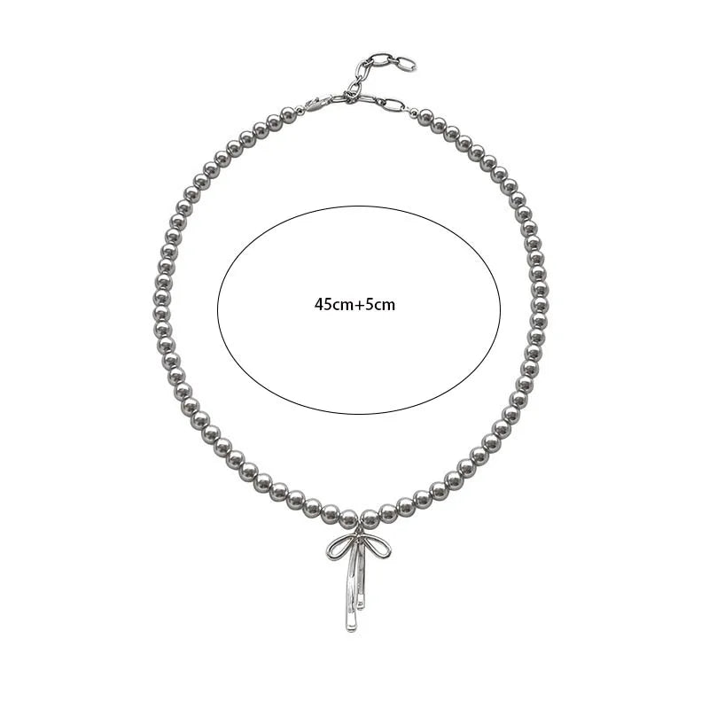 Fashionable Choker with Pendant Graceful Bowknot Pendant Choker Necklace with Gray Pearls Neck Jewelry Accessories Pi-Mart