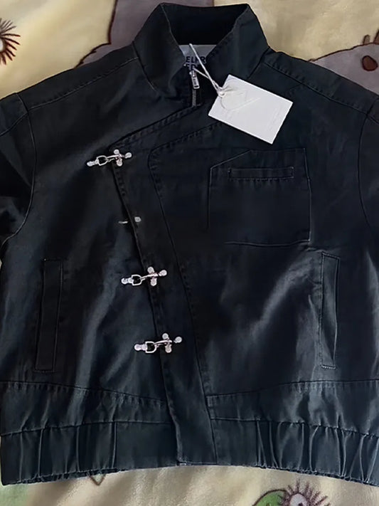 2026 Single Breasted Buckle Zipper Design Versatile Jacket Lady Trendy Elegant Tops Spring Loose Casual Stand Collar Street Coat LadyShow.Store
