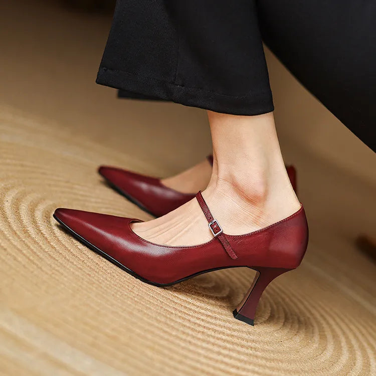 NEW Spring/Autumn Women Pumps Genuine Leather Shoes for Women Pointed Toe Thin Heel Shoes Shallow Buckle Strap Mary Janes Shoes Pi-Mart