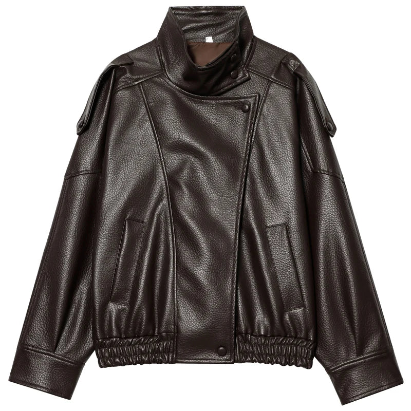 HXAO Faux Leather Black Jackets For Woman New Arrival Cropped Oversize Bomber Jacket Zip-Up Long Sleeve Coats Motorcycle Jackets LadyShow.Store