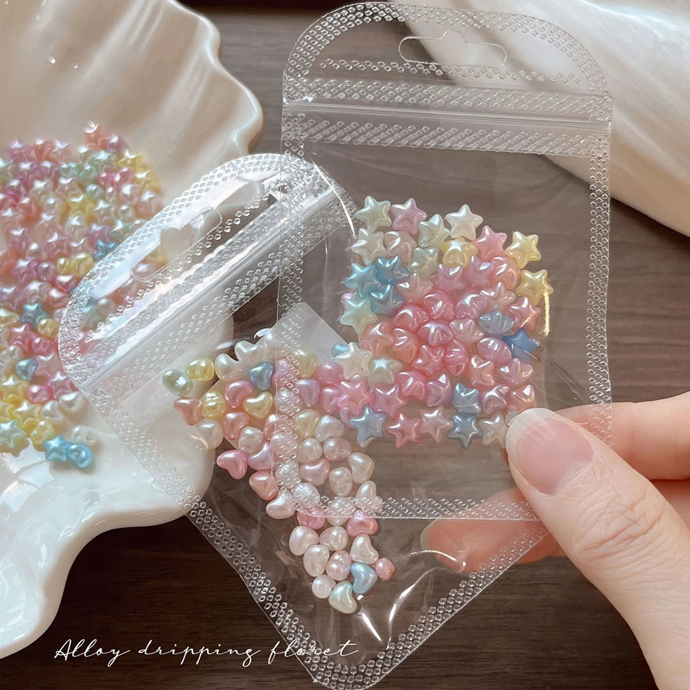 100PCS 2PACKS Macaron Star Heart 3D Pearlescent Pearl Rhinestone Nail Charms Mixed Color 6.5*10mm for Manicure DIY Love Heart Pi-Mart