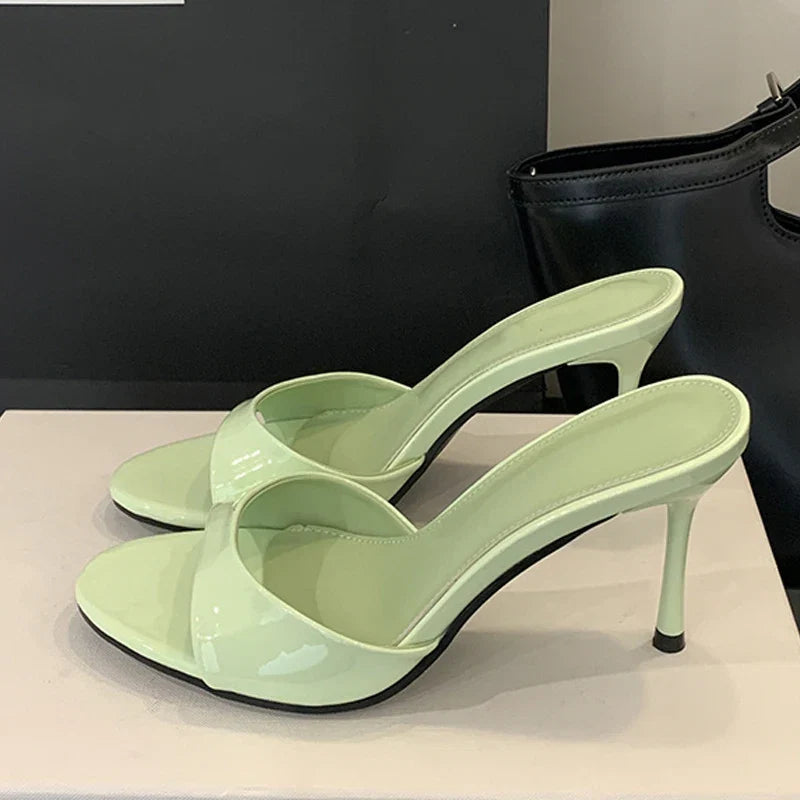 Liyke Wine Red Patent Leather Women Slippers Sandals Fashion Round Open Toe Thin High Heels Mules Slides Summer Party Dress Shoe LadyShow.Store