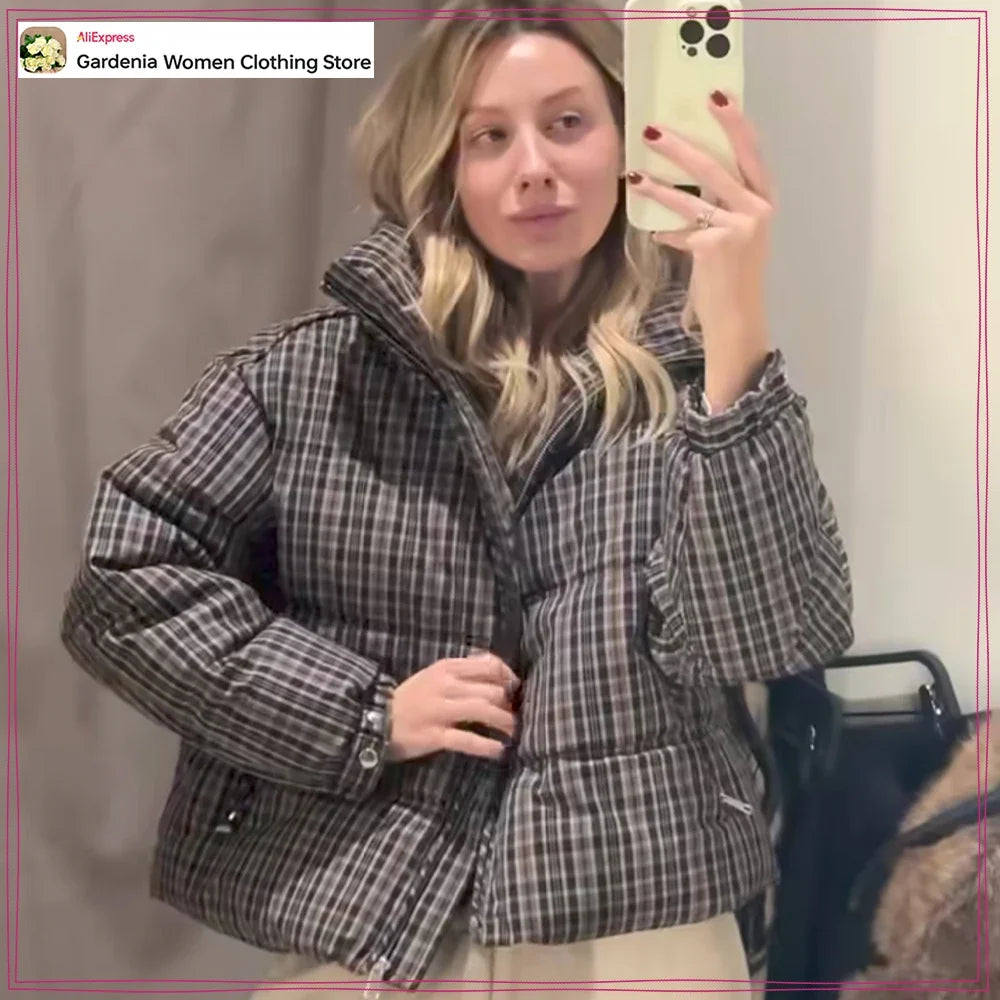 Stylish Plaid Puffer Anorak for Women Winter Brown Padded Jackets High Neck and Long Sleeves Zipper Outwears with Adjustable Hem LadyShow.Store