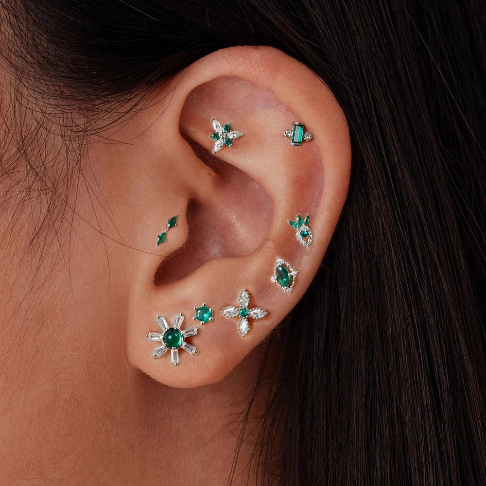 2PC Stainless Steel Little Stud Earring for Women Tiny Green Crystal Zirconia Cartilage Helix Tragus Piercing Earrings Jewelry Pi-Mart