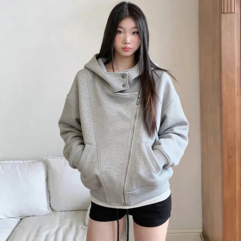 American Vintage Hooded Long Sleeve Jacket Women Autumn Winter Casual Slim Cardigan Top Harajuku Solid Y2k Zipper Clothes 2025 LadyShow.Store