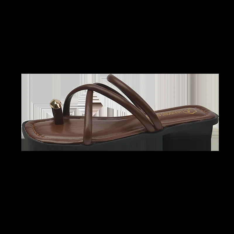Women Summer Slippers Ladies Sandals Metal Decor Thong Flip Flop Low Heel Shoes Woman Outdoor Retro Brown Sandals Female LadyShow.Store