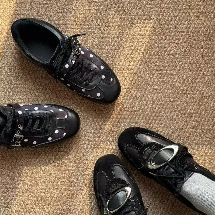 Korean Style Black Polka Dot Sneakers Women Spring 2026 Luxury Metal Decoration Designer Vulcanize Shoes Woman's Sports Shoes Pi-Mart