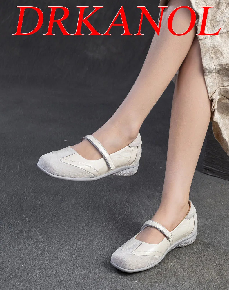 DRKANOL 2026 Women Genuine Leather Flat Shoes Summer Shallow Sheepskin Hook And Loop Casual Loafers Ladies Low Heel Single Shoes Pi-Mart