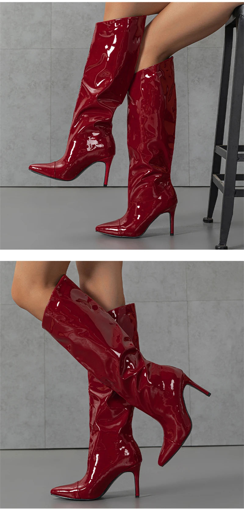 Liyke Fashion Runway Pleated Patent Leather Boots Female Pointed Toe Stiletto Heels Pumps Autumn Winter Knee High Shoes Women Pi-Mart