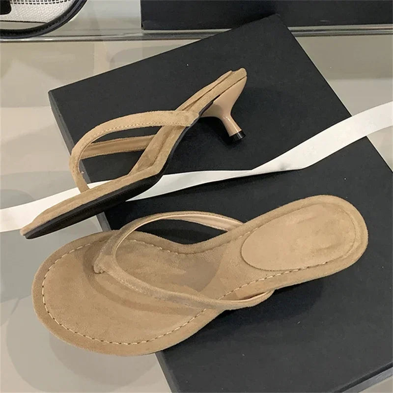 Aneikeh 2026 Fashion Thin Heels Slippers Women Round Clip Toe Slides Sandals Summer Flip Flops Female Shoes Mules Slides LadyShow.Store