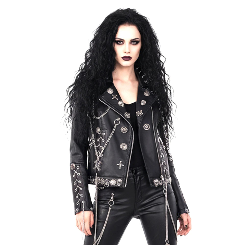Women's Y2K Goth Black PU Leather Jacket Gothic Boho Emo Clothing with Skull Chain Punk Rock Grunge Rave Festival Coat for Teens Pi-Mart