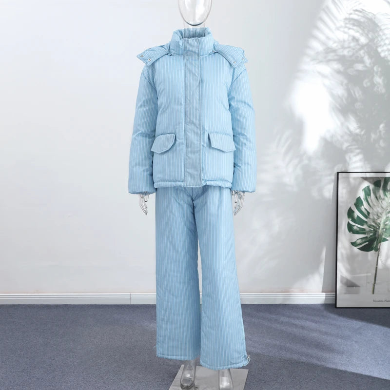 Chic Leopard Hooded Puffer Coat Set Women Quilted Full Sleeve Zip Jacket Wide Leg Pants 2026 New Lady Winter Thicken Warm Outfit Pi-Mart