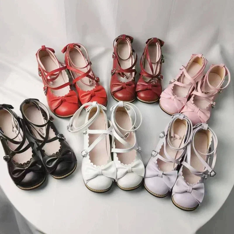 Lolita Shoes Women Flats Low Round With Cross Straps Bow Cute Girls Princess Tea Party Shoes Students Lovely Shoes Size 34-41 LadyShow.Store
