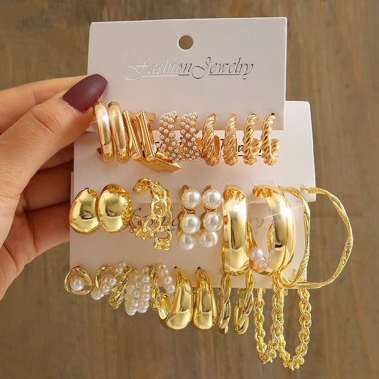 Gold Color Vintage Geometry Pearl Earrings Set Metal Twine Square Dangle Earrings Round for Women Simple Trendy Party Jewelry Pi-Mart