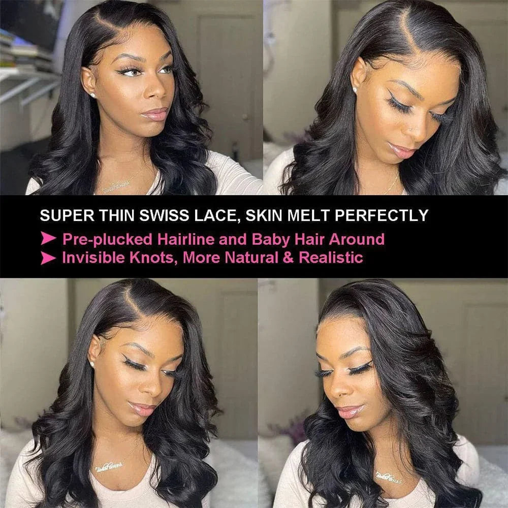 Natural Black Body Wave Remy Human Hair Wigs Lace Front Wig Pre Plucked Hairline 180% Density HD Transparent Lace Frontal Wig LadyShow.Store
