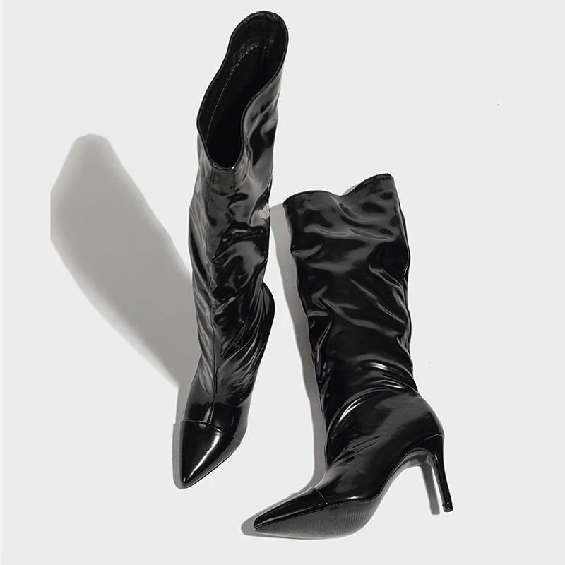 Liyke Fashion Runway Pleated Patent Leather Boots Female Pointed Toe Stiletto Heels Pumps Autumn Winter Knee High Shoes Women Pi-Mart