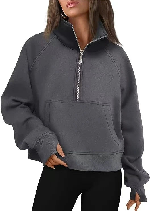 New Women's Spring Autumn Winter Stand Collar Plus Fleece Solid Color Hoodie Long Sleeve Pocket Loose Half Zip Pullover Hoodie Pi-Mart