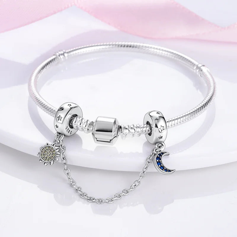 S925 Silver Plated Star Moon Safety Chain Charms Beads Fit Original Bracelet Fine DIY Birthday Jewelry Pi-Mart