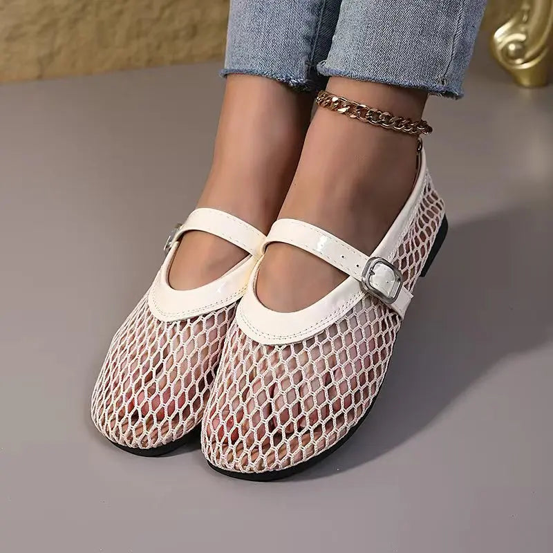 Women's Mary Jane Flats 2026 New Hollow Out Mesh Breathable Fishnet Ankle Strap Casual Summer Sandals Pi-Mart