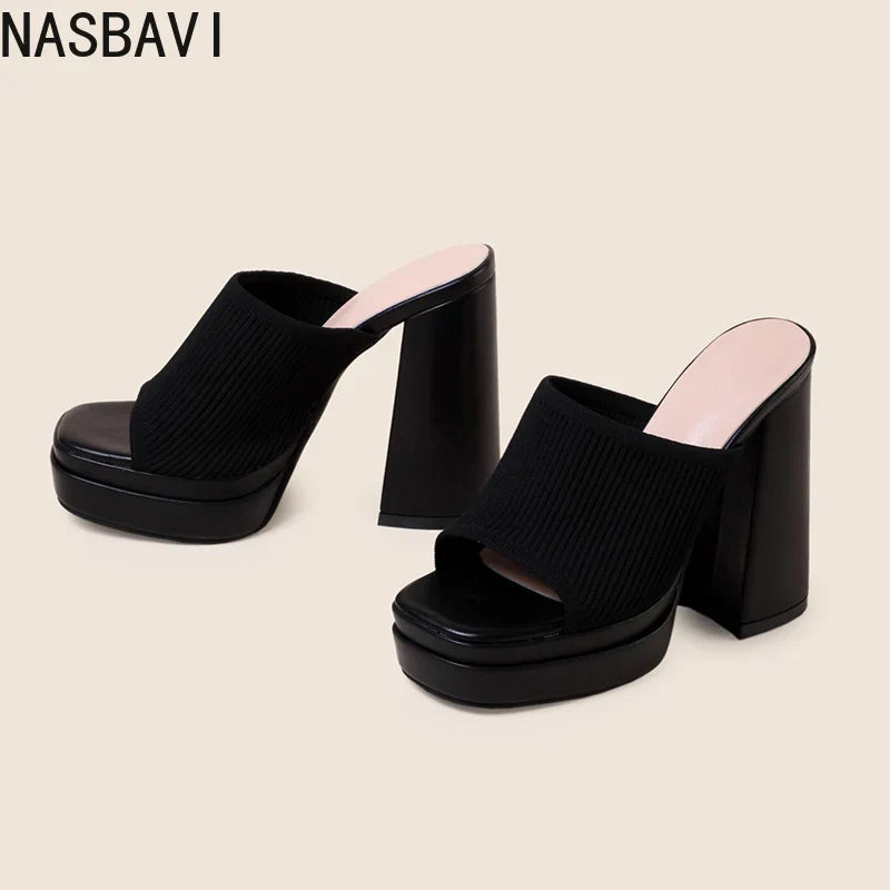 NASBAVI Cosy Stretch Fabric Knitted Chunky High Heels Women Slipper Fashion Platform Open Toe Wedding Party Ladies Shoes LadyShow.Store