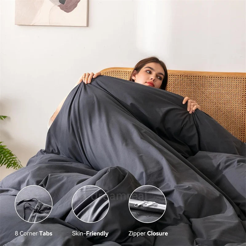 Washed Cotton Bed Linen Bedding Set 4 Pieces Bed Sheets Set Solid Color Comforter Cover Couple Queen King Size Bed Quilt Cover LadyShow.Store