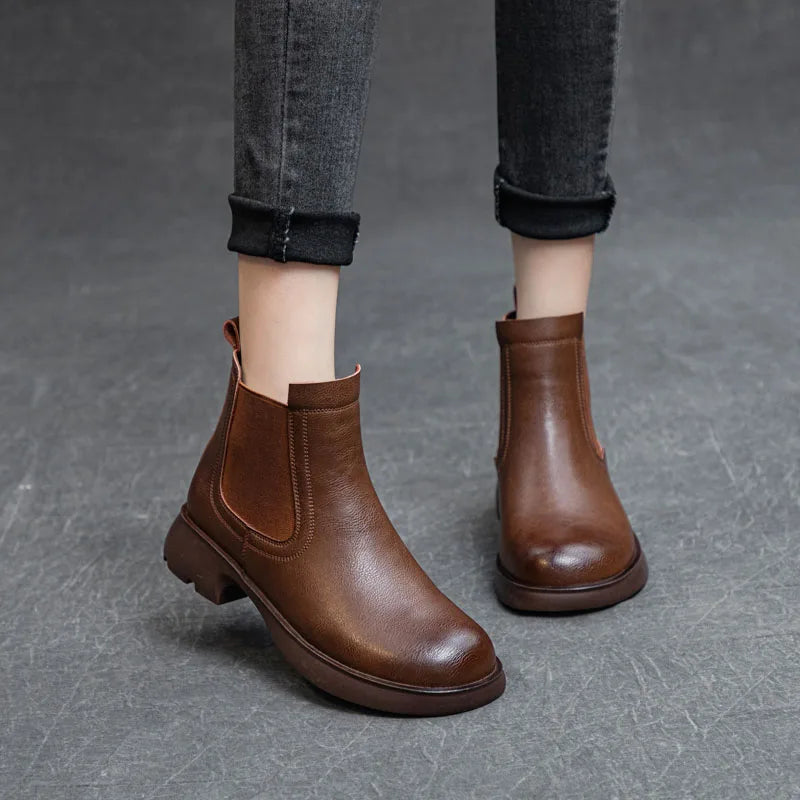 DRKANOL Fashion Women Thick Heel Ankle Boots Autumn Winter Warm Shoes Round Toe Real Cowhide British Style Slip On Chimney Boots Pi-Mart
