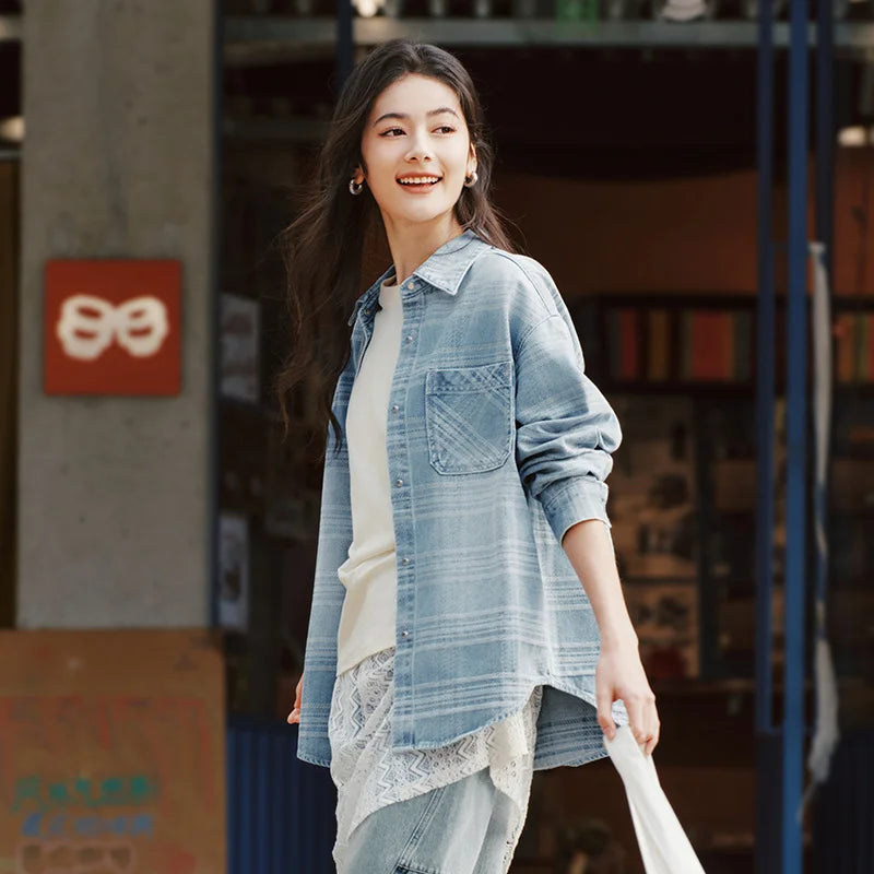 Semir Denim Shirt Women Oversize Spring 2025 New Spring Checkered Blouse Plaid Jacket LadyShow.Store