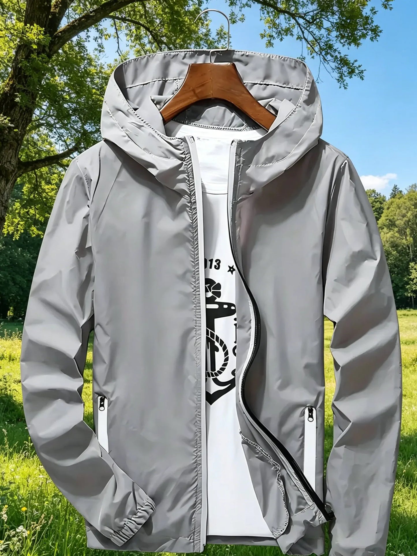 Men's Premium Lightweight Hooded Windbreaker, Quick-Dry Full-Zip Casual Jacket with Zipper Pockets for Street & Outdoor Wear LadyShow.Store