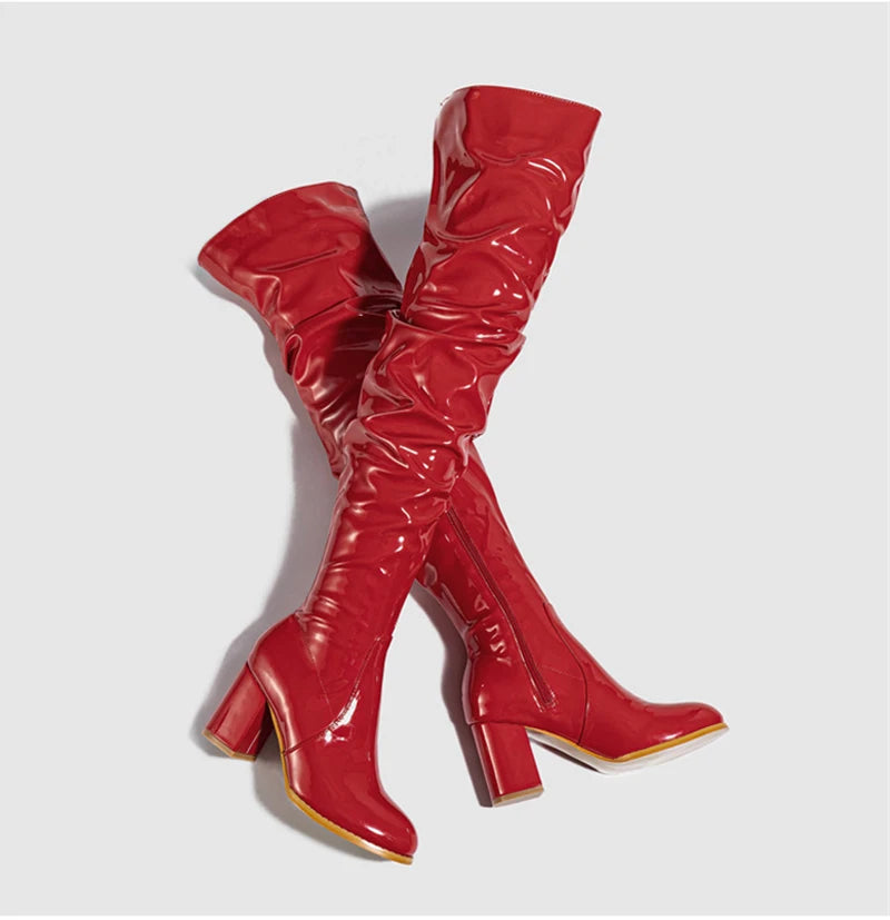 Hlieny 2026 Winter New Thigh High Boots Fashion Patent Leather Round Toe Zip Female Square Heels Pleated Design Women's Shoes Pi-Mart