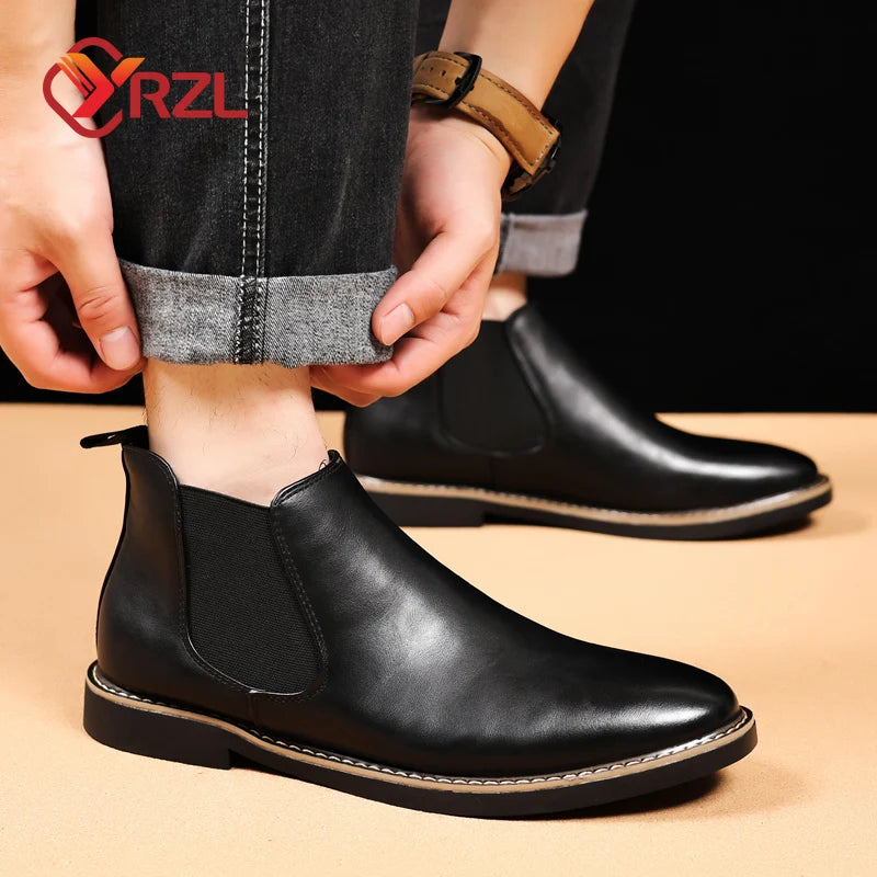YRZL 39~47 Men Chelsea Boots Brand Retro Comfortable PU Leather Ankle Boots Men 2025 Fashion Black Brown Mens Boots Pi-Mart