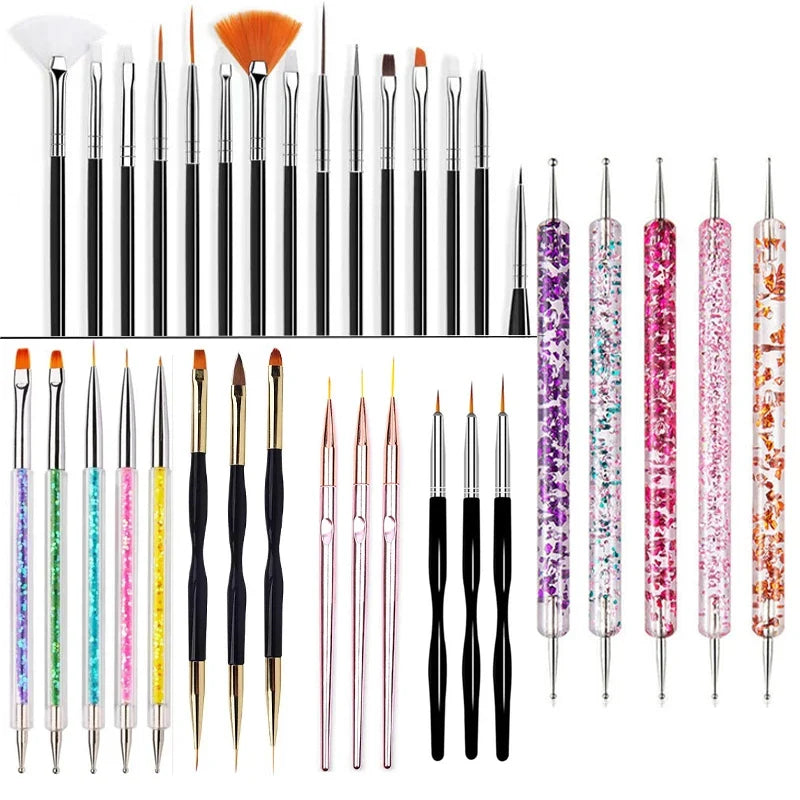 5/20Pcs Nail Art Brush Design Tip Painting Drawing Carving Dotting Pen FlatFan Liner Acrylic Gel UV Polish Manicure Tools Tri Light Beauty