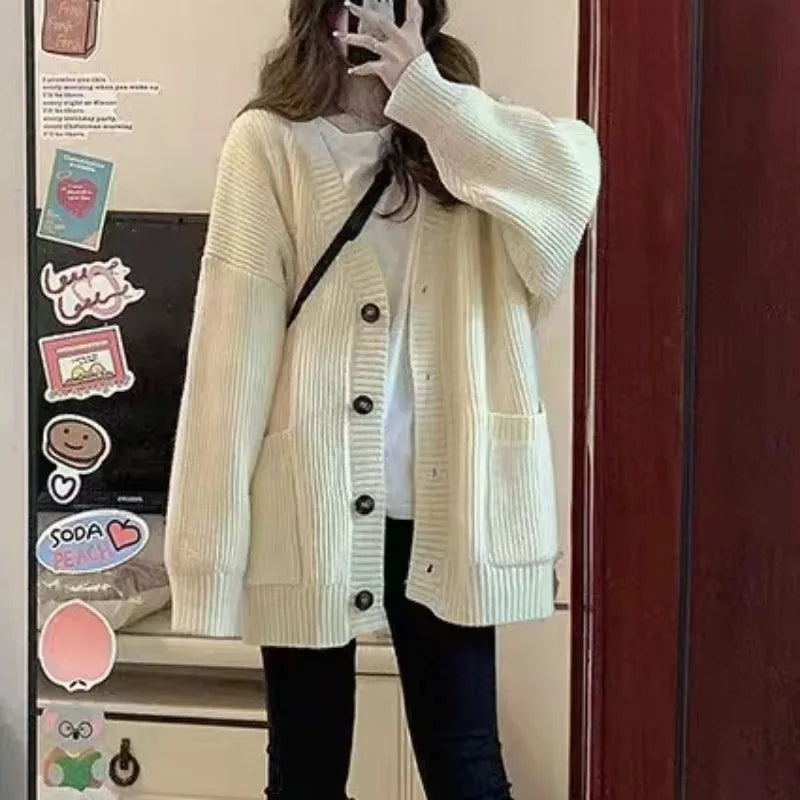 Autumn Winter Women Cardigan Sweater Coats Fashion Female Long Sleeve V-neck Loose Knitted Jackets Casual Sweater Cardigans LadyShow.Store