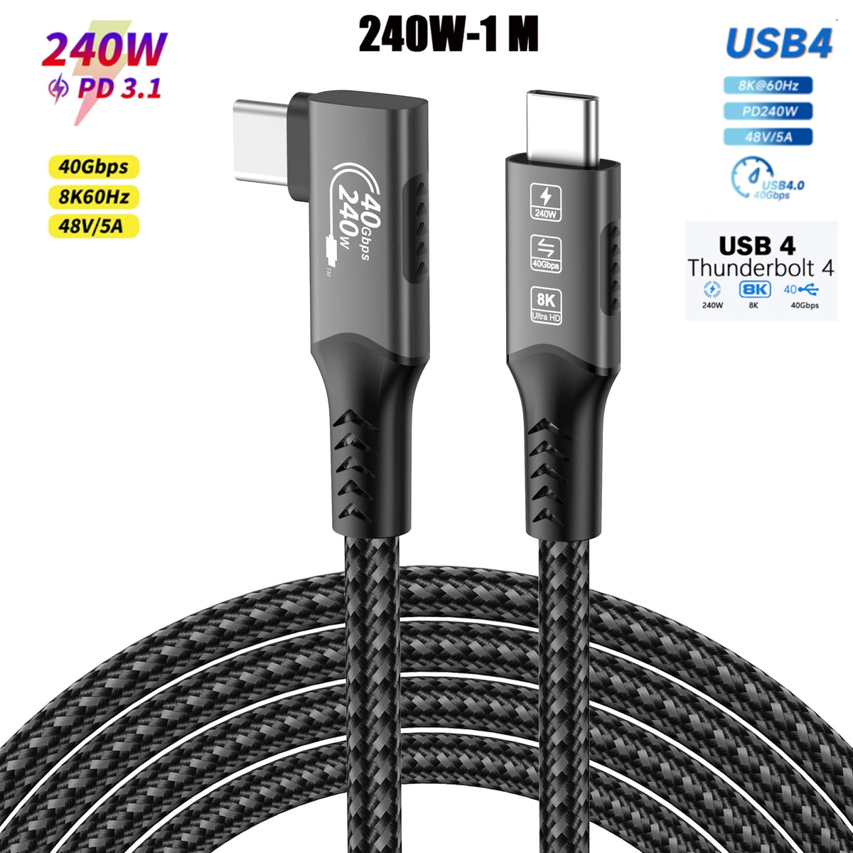 USB4 Cable 40Gbps 48V 240W For Thunderbolt 4 Type C Fast Charging Cable Thunderbolt3 USB C to C Data Transfer Cable For Laptop Pi-Mart