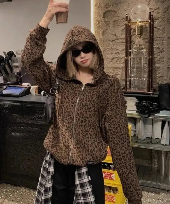 Y2K Leopard Print Hooded Jacket Women Full Zip Drawstring Hood Long Sleeve Loose Fit Streetwear Street Club Ladies Outerwear Pi-Mart