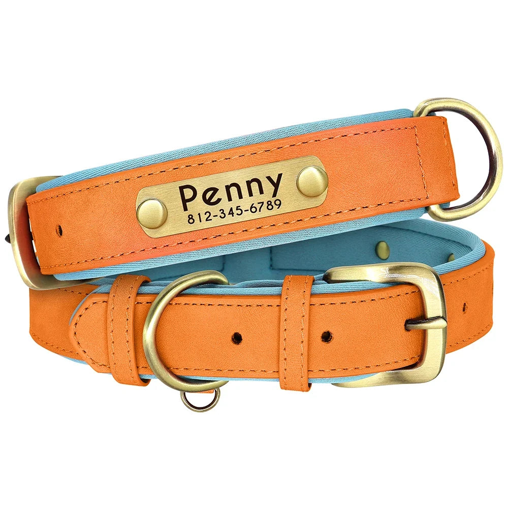 Customized PU Leather Nameplate Dog Collar Soft Padded Dogs Collars Free Engraving Name for Small Medium Large Dogs Adjustable LadyShow.Store