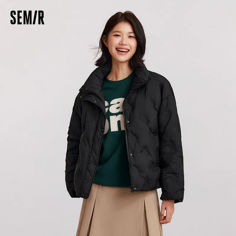 Semir Down Jacket Women Thin Houndstooth Loose 2024 New Winter Waterproof Windproof Stand-Up Collar Wear Down Jacket LadyShow.Store