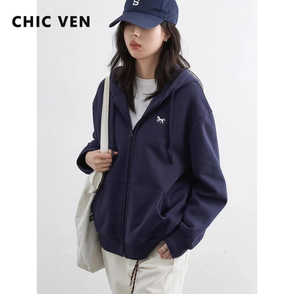 CHIC VEN Korean Women Sweatshirts Loose Casual New Hooded Female Top Drawstring Ladies Jacket Fleece Pullover Autumn Winter 2025 LadyShow.Store
