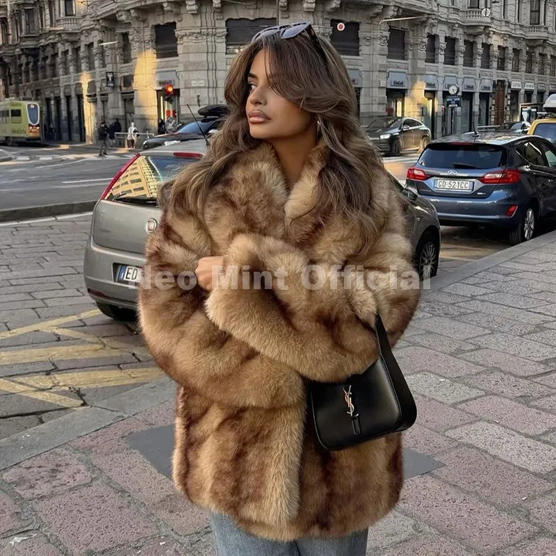 Neo Mint Luxury Brand Fashion Women Yellow Striped Faux Fur Jacket Coat Chic Girls 2025 Winter Oversized Warm Outerwear Overcoat LadyShow.Store