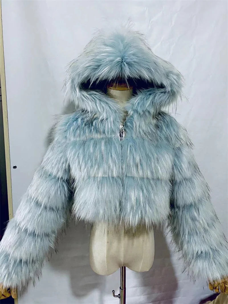 High Quality Furry Cropped Faux Fur Coats Jackets Women Fluffy Top With Hooded Winter Fur Jackets Fourrure Manteau Femme JH137 Pi-Mart