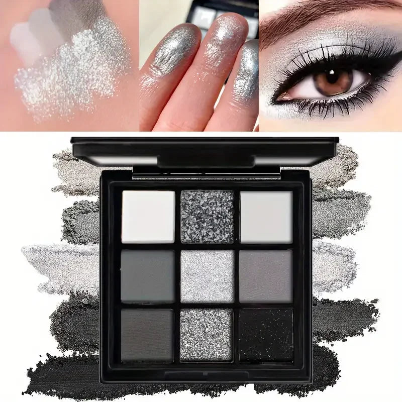 9-shade eyeshadow palette: Black Swan, Smoky, Dark Black, Grey Silver Glitter, Matte Finish, Long-lasting, and easy to color LadyShow.Store
